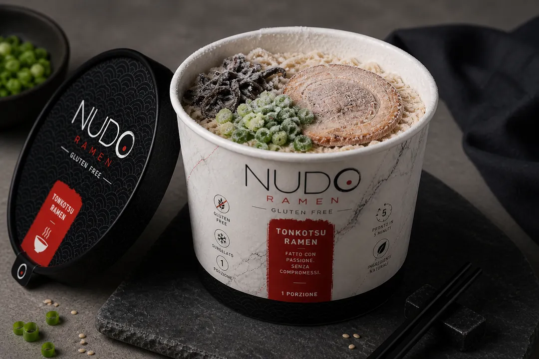 Confezione di ramen surgelato NUDO Tonkotsu conservata a -18°C nel freezer, pronta da scaldare in 5 minuti