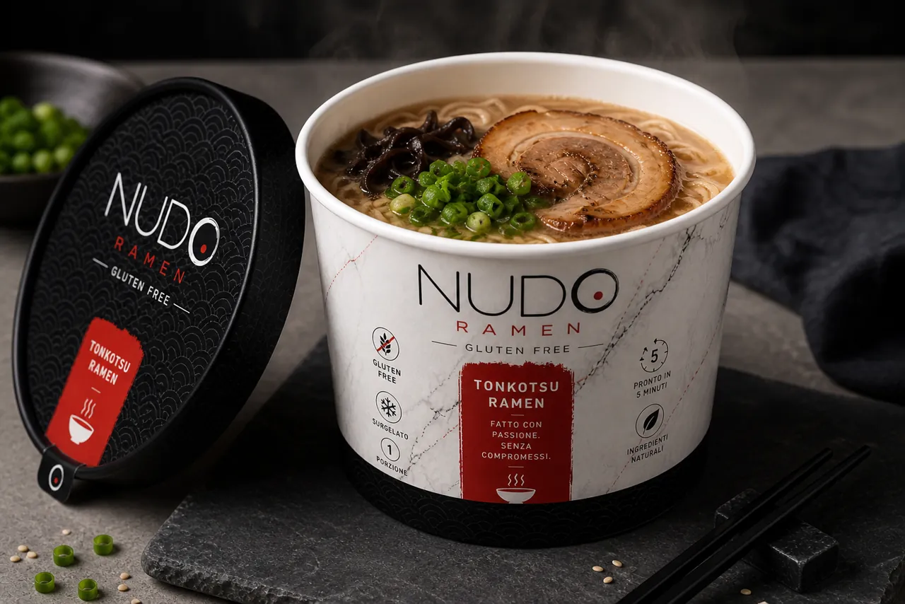 Ciotola di ramen surgelato NUDO appena preparata, fumante, con brodo tonkotsu e noodles al dente pronti in 5 minuti