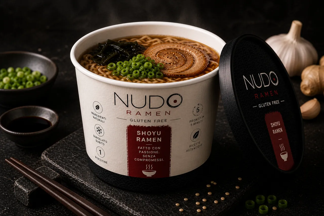 Noodles senza glutine NUDO immersi nel brodo shoyu fumante