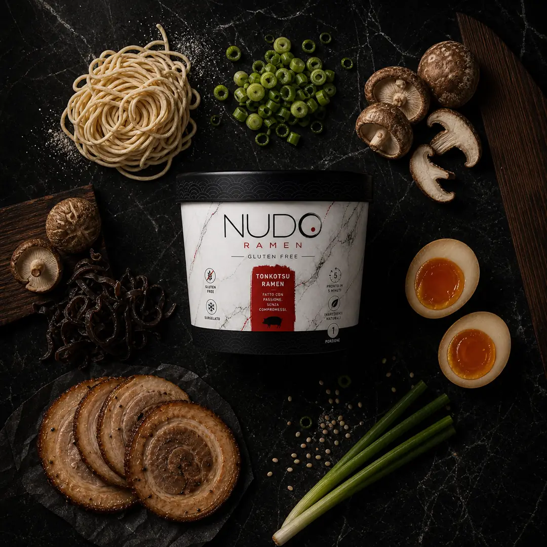 Nido di noodles senza glutine crudi accanto agli ingredienti del ramen NUDO: shiitake, cipollotto, chashu e uovo marinato