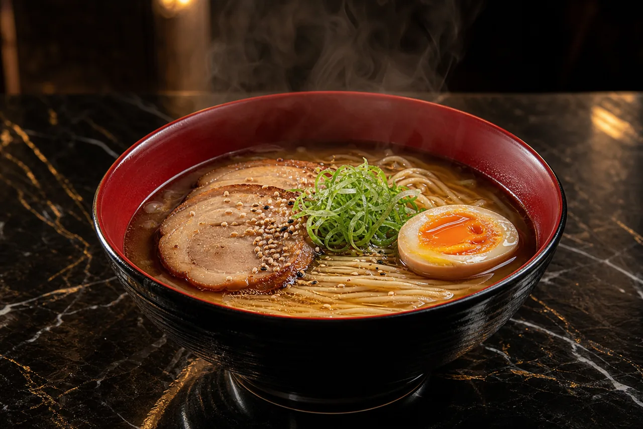 Ciotola di ramen senza glutine NUDO fumante, pronta in 5 minuti