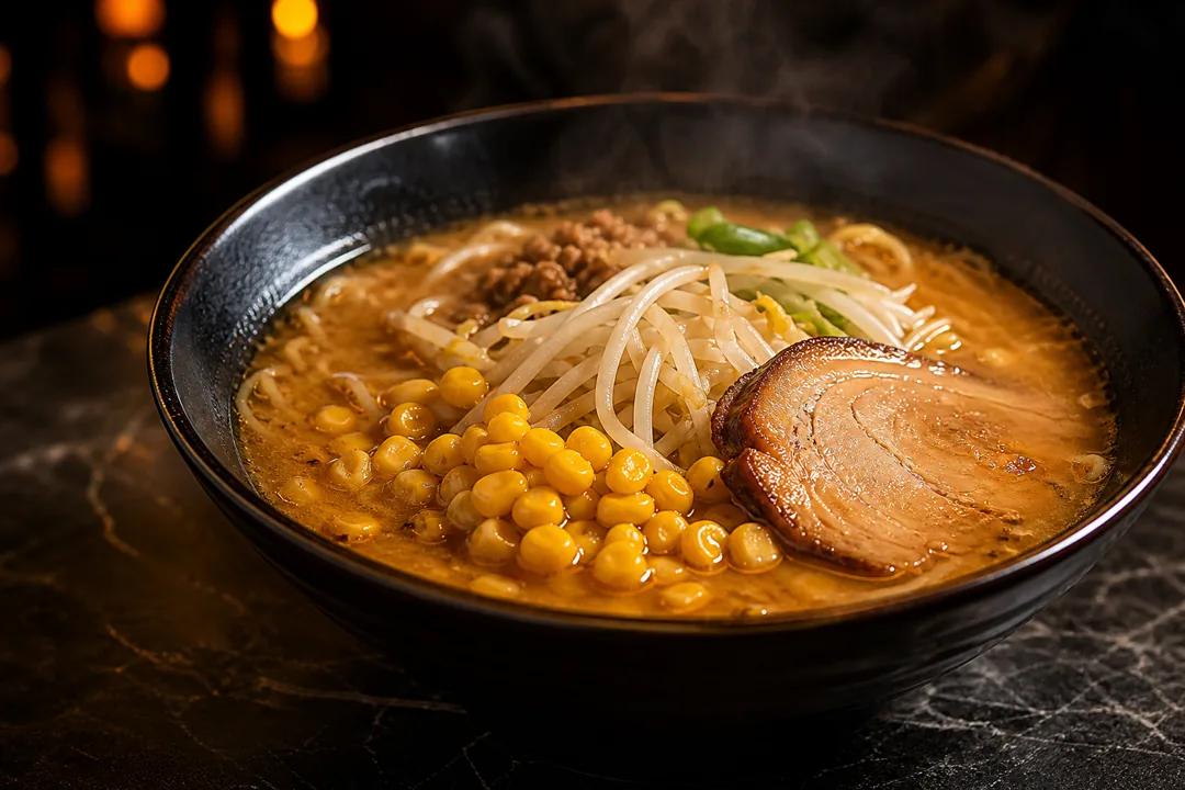 Ciotola di ramen miso senza glutine NUDO con mais dolce, germogli e topping in stile Sapporo