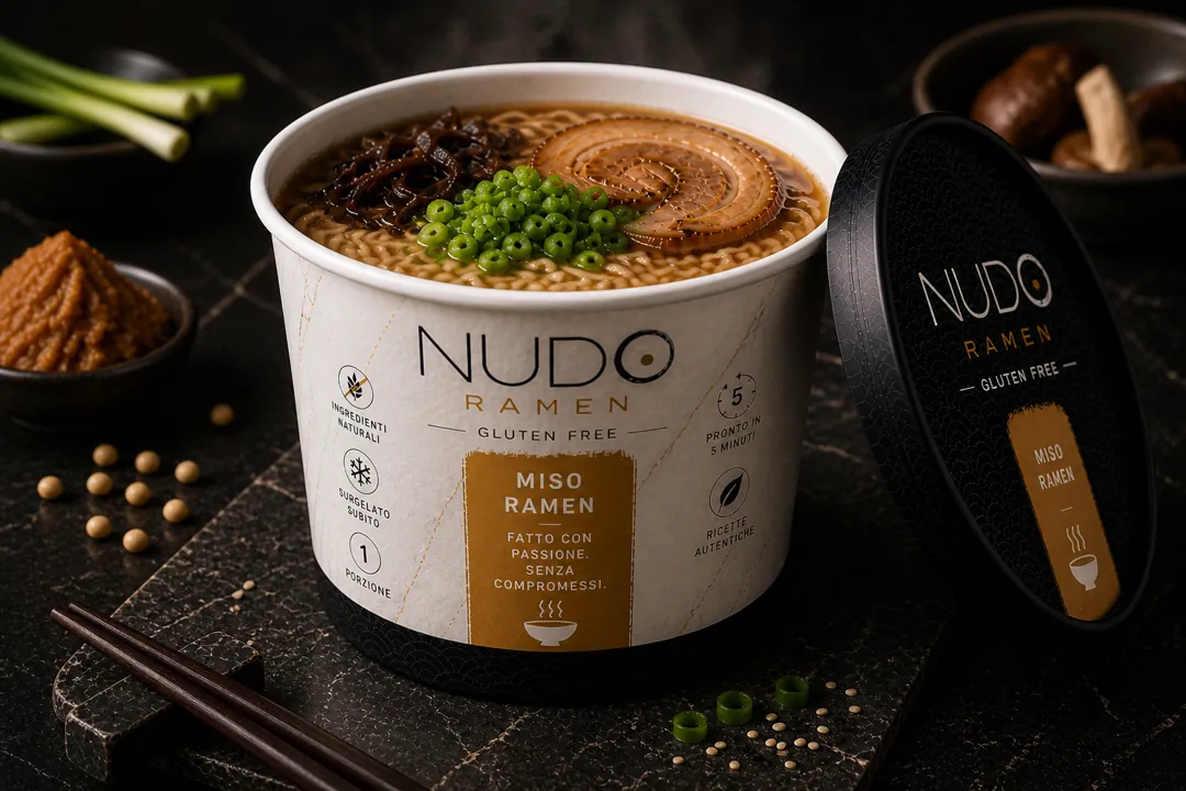 Ramen miso senza glutine NUDO con mais dolce e germogli di soia, nello stile di Sapporo